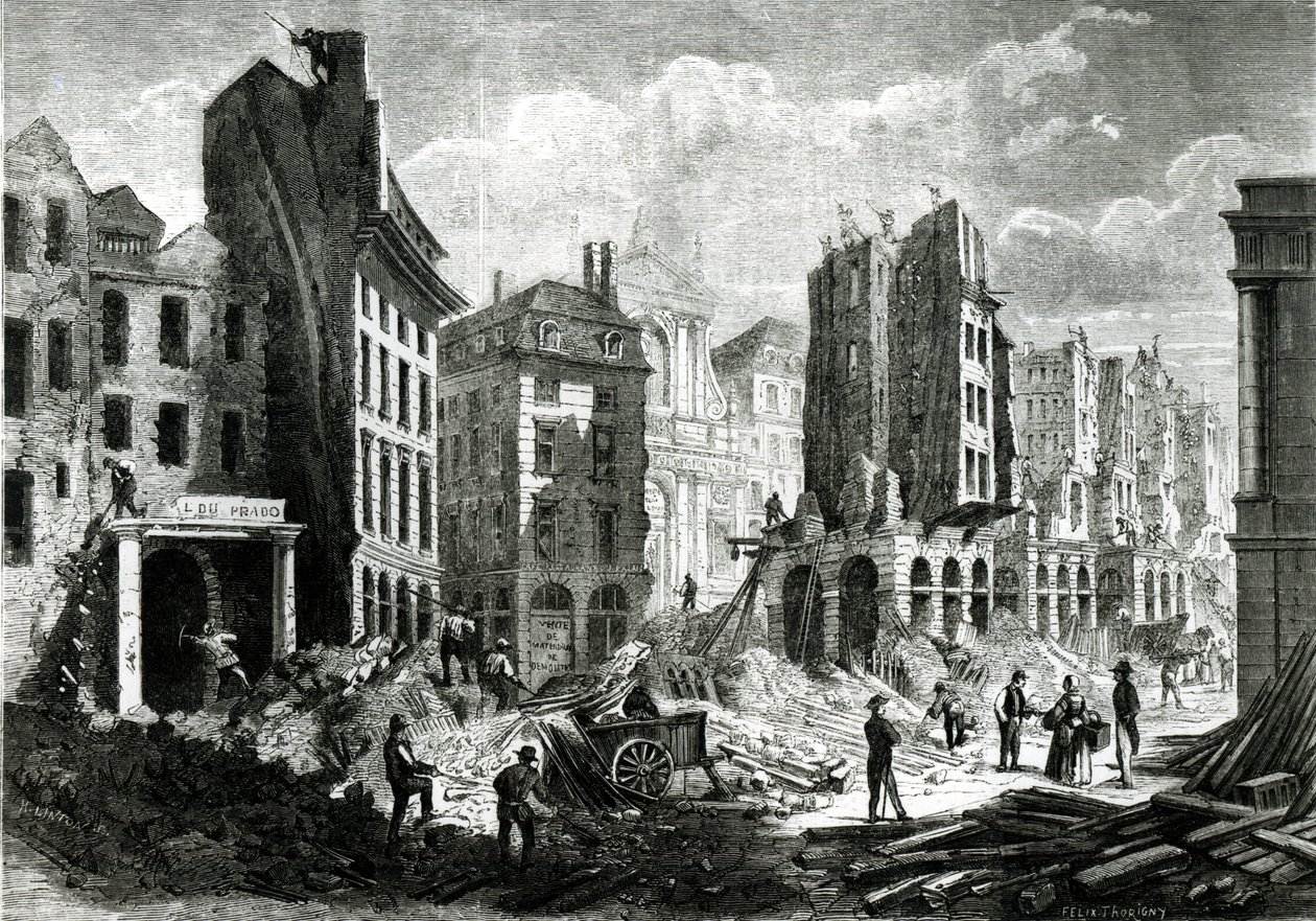 Opførelse af Boulevard de Sebastopol (nu Boulevard du Palais), i det andet imperium. Udsigt over nedrivningen af Rue de la Barillerie i 1859, pub. af Henry Duff Linton (1815-99) (grav af Felix Thorigny