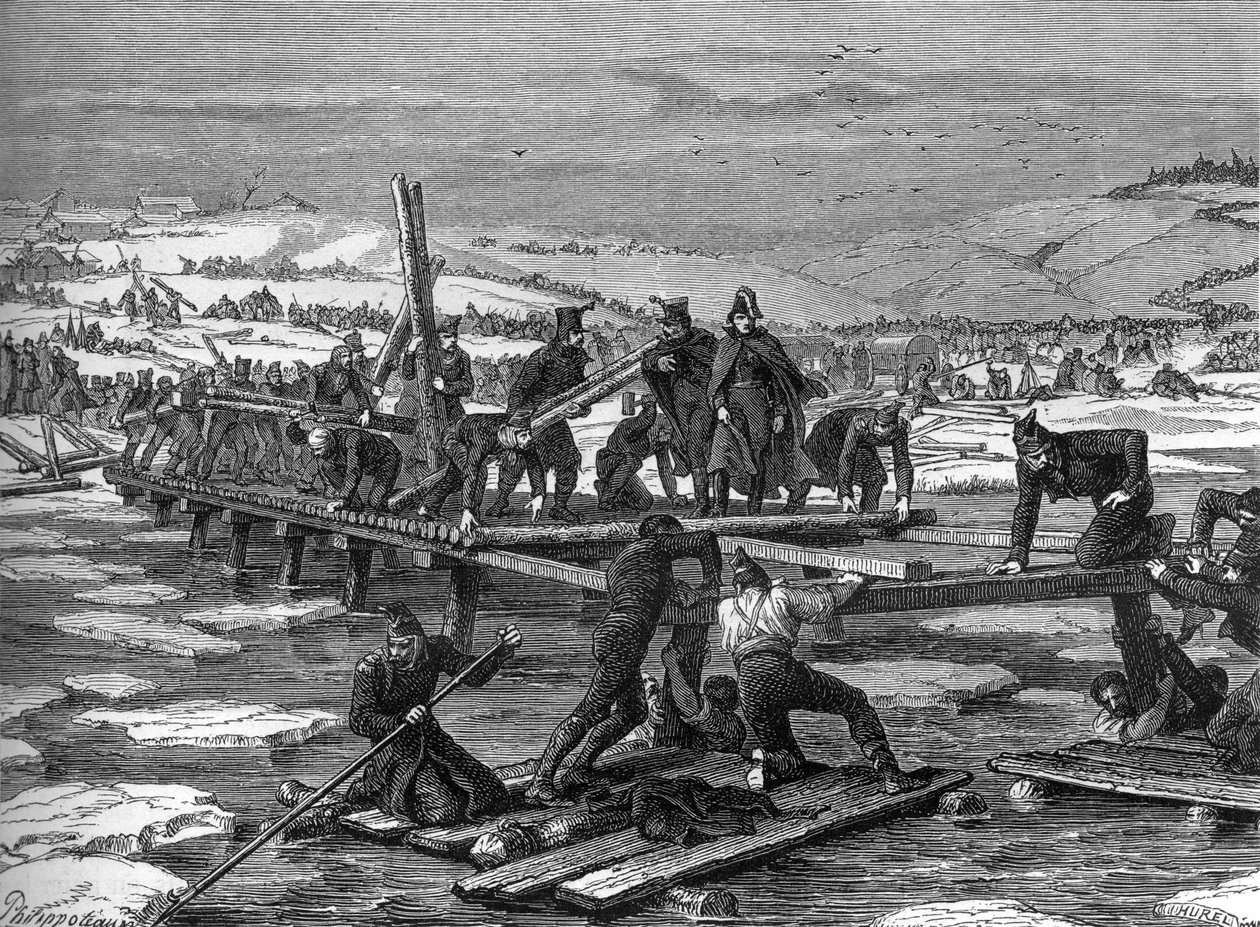 Pontonerer fra den napoleonske hær krydser Berezina af Felix Philippoteaux