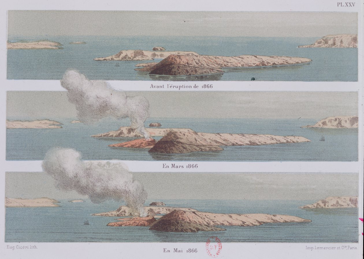 Georgios-vulkanens udbrud, illustration fra Santorini og dens udbrud af kunstneren, indgraveret af Eugene Ciceri, 1879 af Ferdinand Fouque