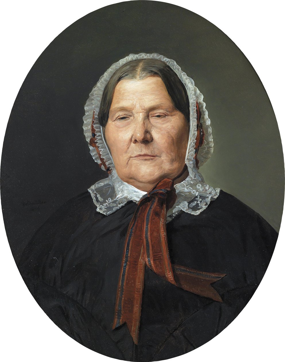 Gammel kvinde i sort kjole og hvid frilly hætte med røde bånd af Ferdinand Georg Waldmuller