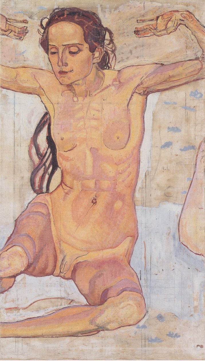Sidder kvindelig nøgen med hævede arme af Ferdinand Hodler