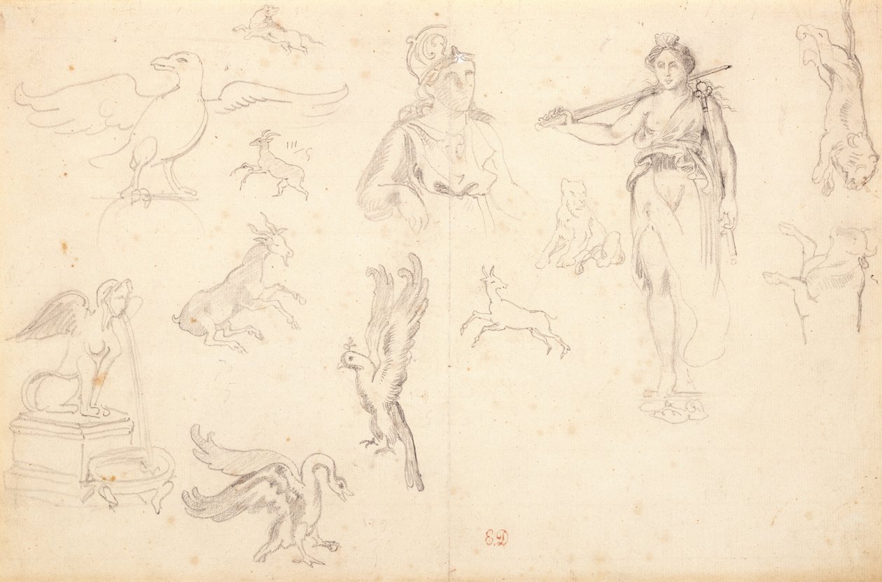 Dyre- og figurstudier (sort kridt på lagt papir) af Ferdinand Victor Eugene Delacroix