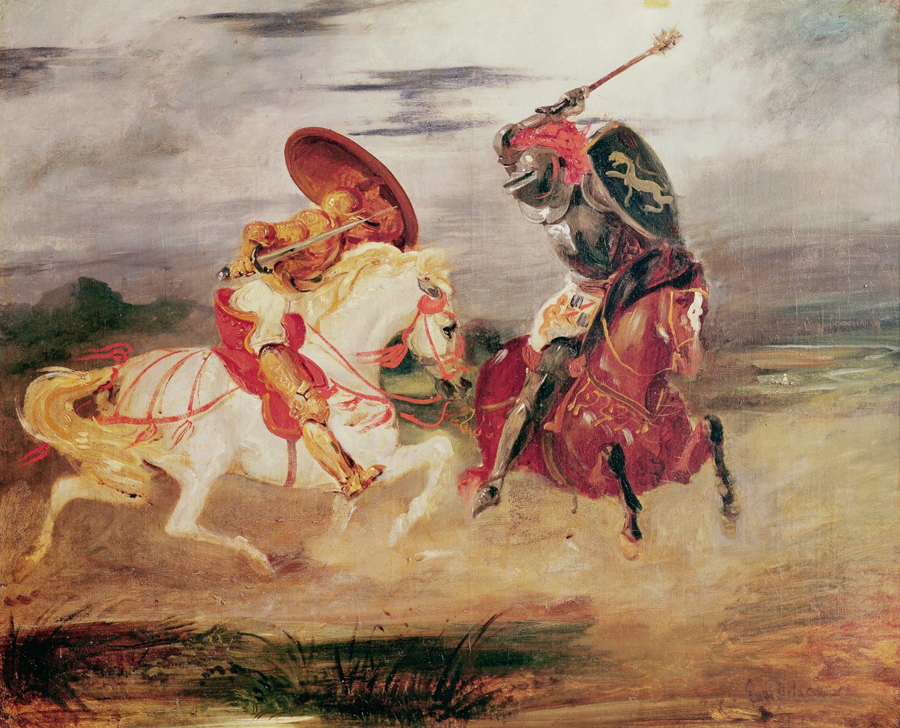 To riddere, der kæmper i et landskab, ca. 1824 af Ferdinand Victor Eugene Delacroix