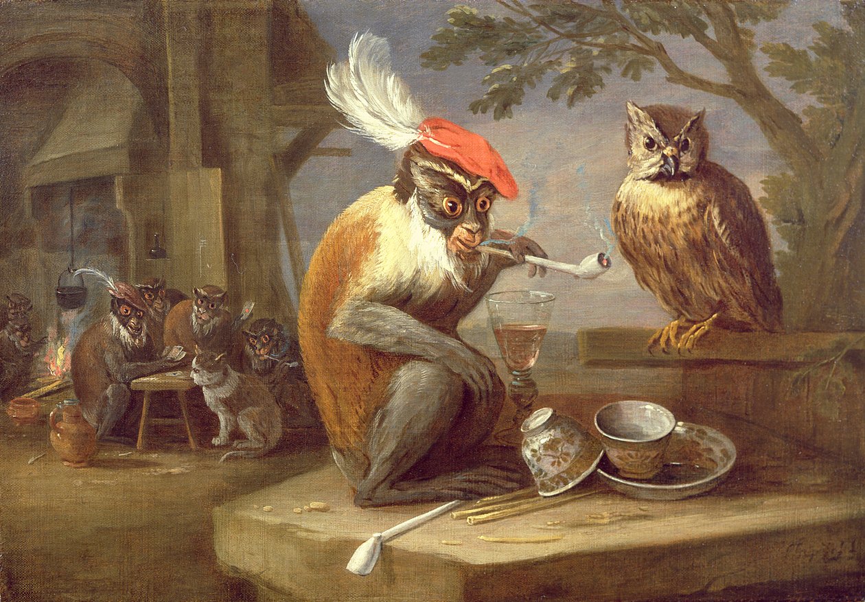 En abe, der ryger og drikker med en ugle af Ferdinand van Kessel