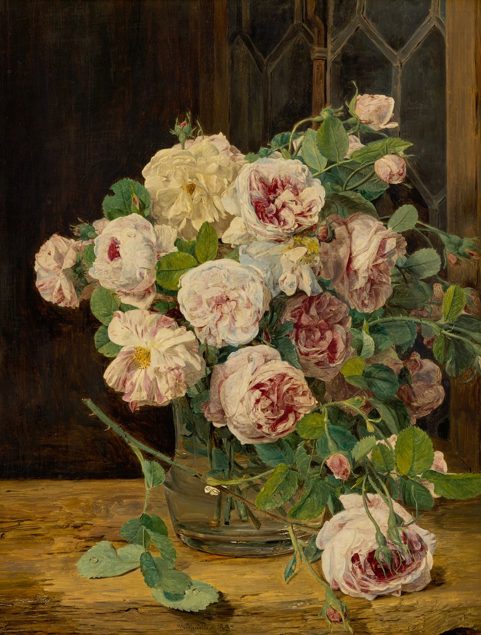 Buket roser ved vinduet af Ferdinand Georg Waldmuller