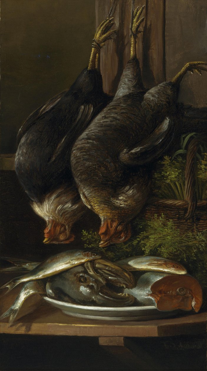 Stilleben med høns og fisk af Ferdinand Richardt
