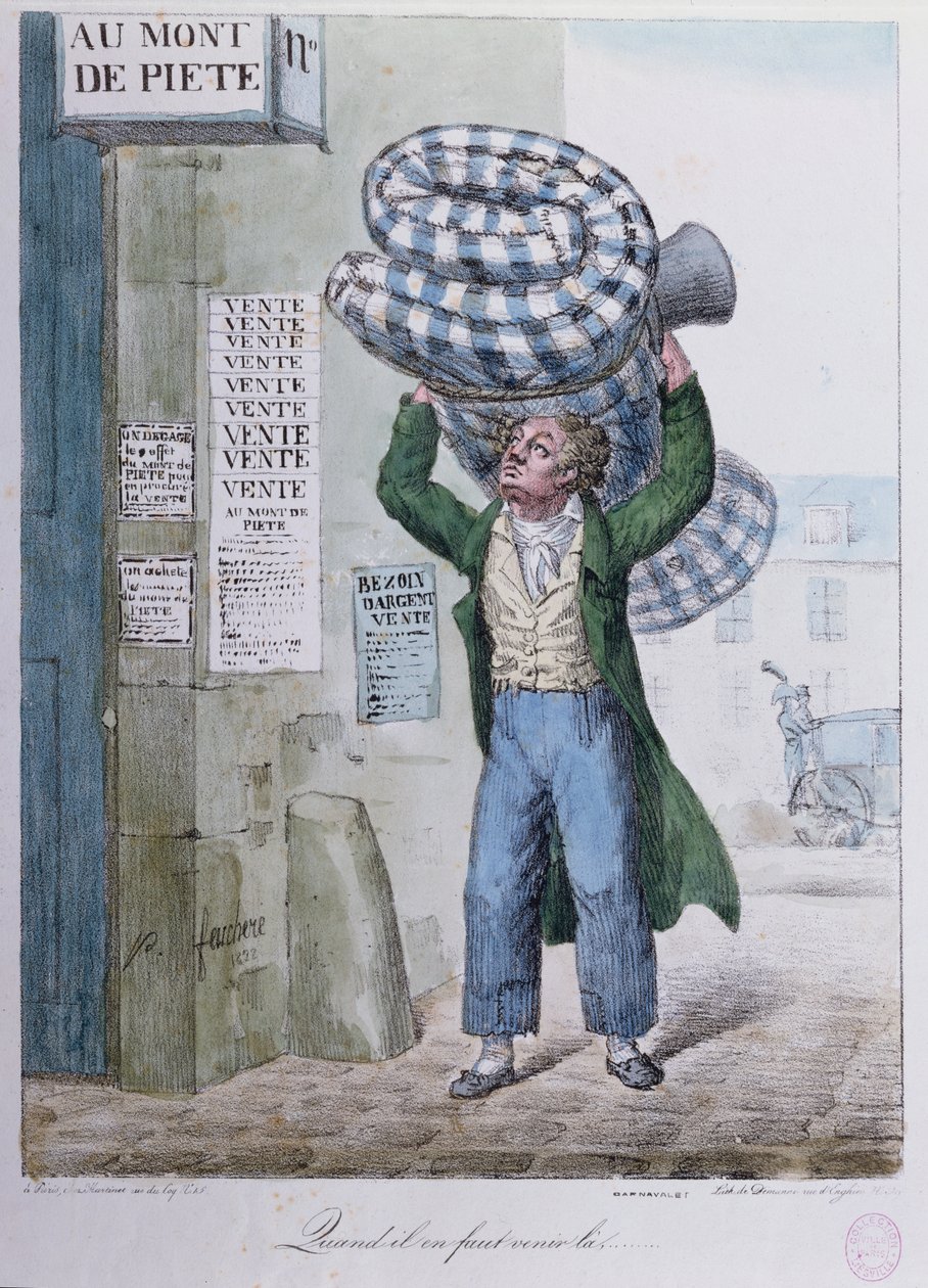 Når man skal gå..., karikatur af et besøg hos Mont de Piete pantelånere, 1822 af Jean Jacques Feuchere