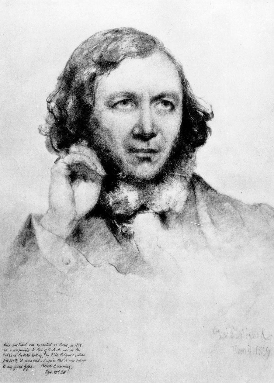 Portræt af Robert Browning (1812-89) 1859 (sort kridt på papir) af Field Talfourd