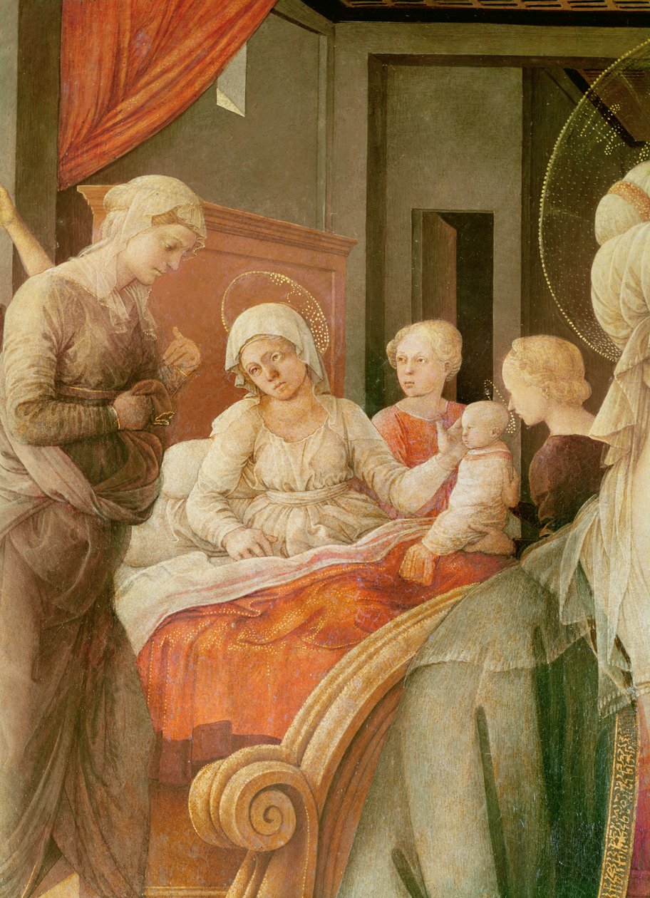 Tondo Bartolini, Madonna og barn (historie om Maria), detalje fra Jomfruens fødsel, 1452 (olie på træ) af Filippino Lippi