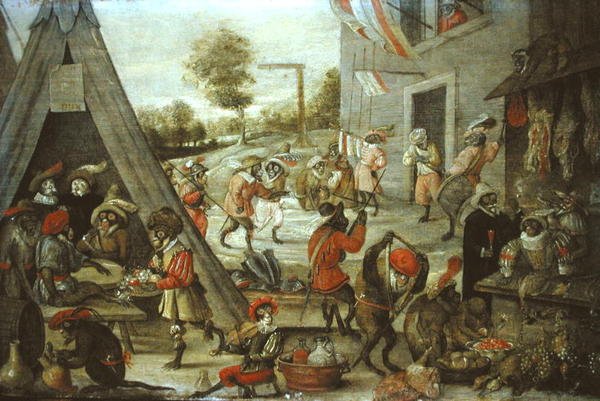 Abe- og kattesoldater i en lejr, 1632 (se 204409) af Flemish School