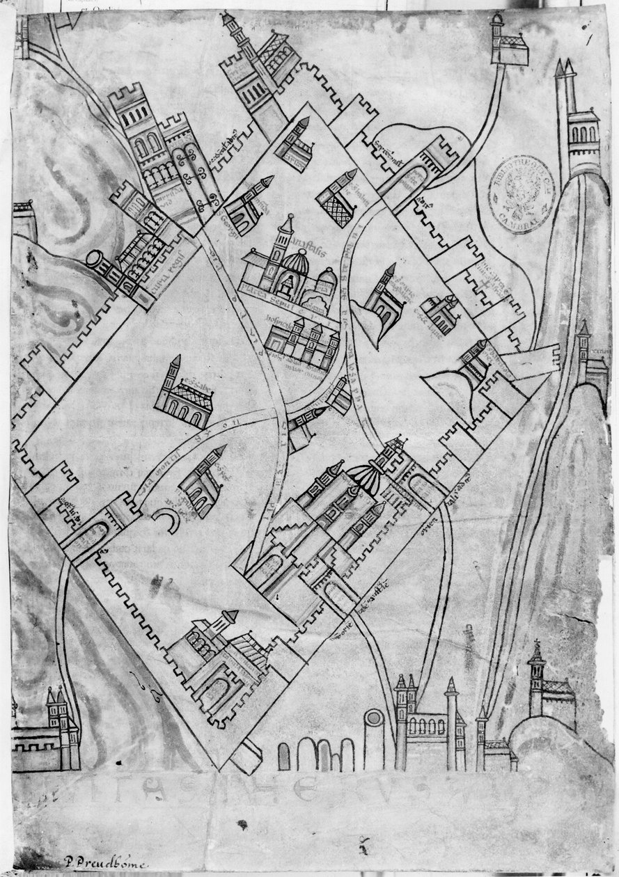 Ms 466 fol.1 Kort over byen Jerusalem, før 1167 af Flemish School