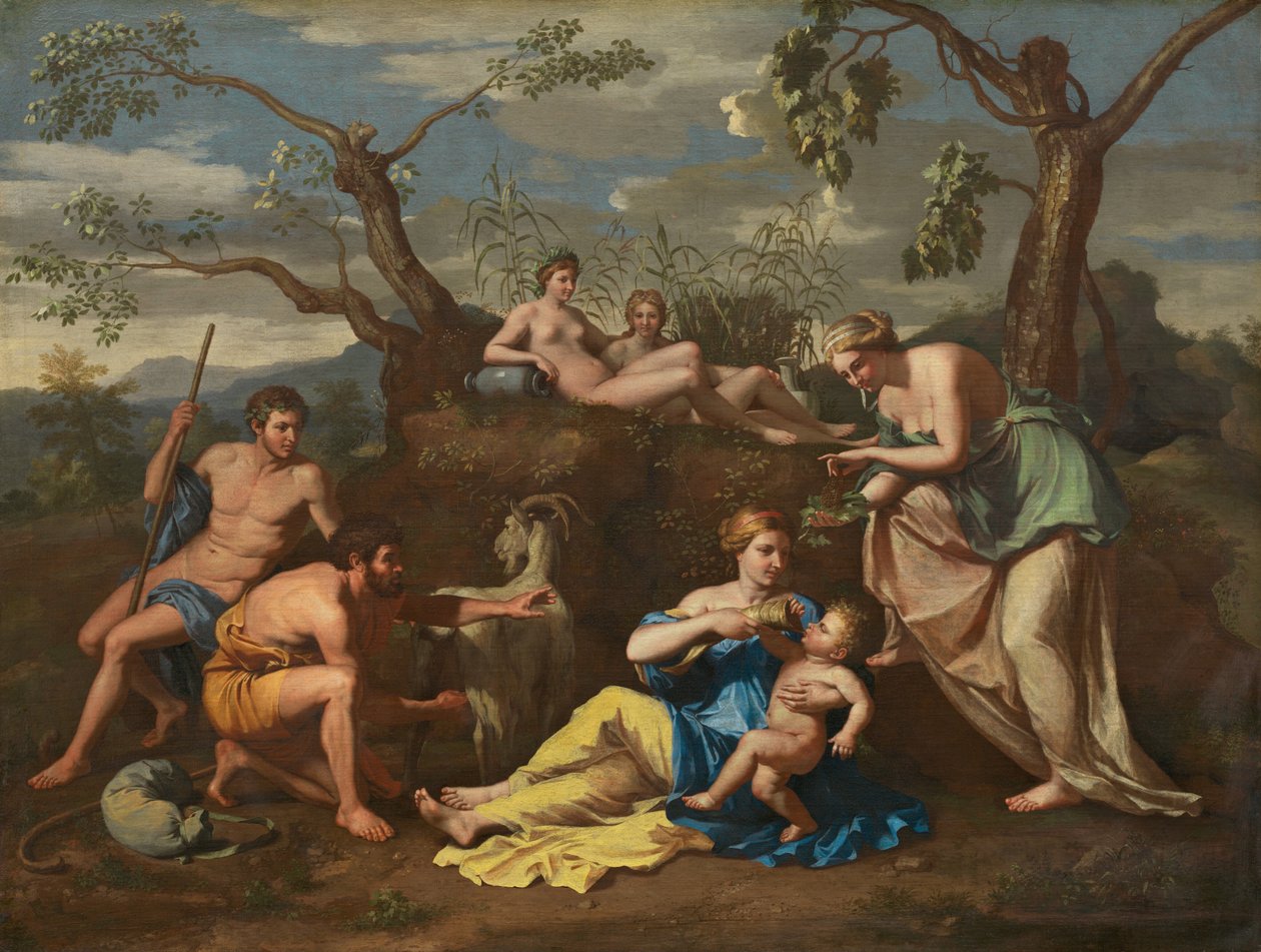Nymfer, der fodrer barnet Jupiter af Follower of Nicolas Poussin