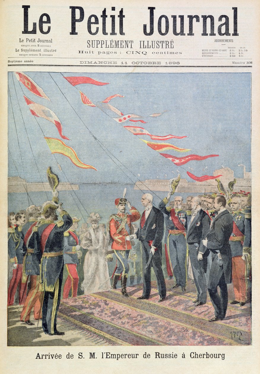 Titelblad med en illustration af Hans Majestæt den russiske kejsers ankomst til Cherbourg, illustration fra det illustrerede tillæg til Le Petit Journal, 11. oktober 1896. af Fortune Louis Meaulle and Henri Meyer