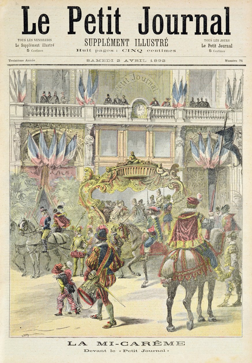 Titelside, der viser midt-fastelavnsparaden foran Petit Journal-kontorerne, illustration fra det illustrerede supplement til Le Petit Journal, 2. april, 1892 af Fortune Louis Meaulle and Henri Meyer