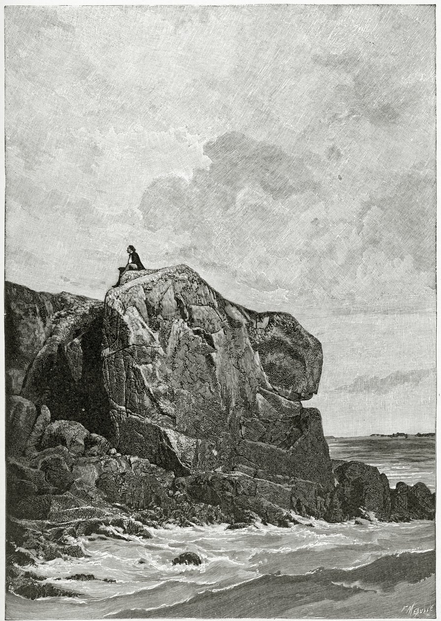The Rock of the exil in Jersey, 19th Century (bw-gravering) af Fortune Louis Meaulle