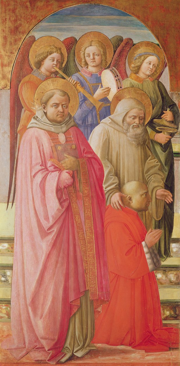 Triptykon, der skildrer Jomfruens kroning (venstre panel: helgener, englemusikere og den knælende kardinal) (tempera på panel) af Fra Angelico