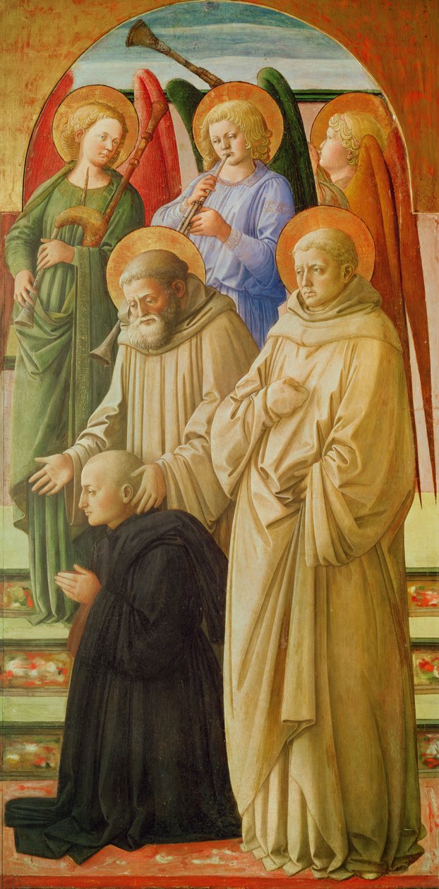 Triptykon, der skildrer Jomfruens kroning (højre panel: de dominikanske hellige, englemusikere og en benediktinermunk) (tempera på panelet) af Fra Angelico