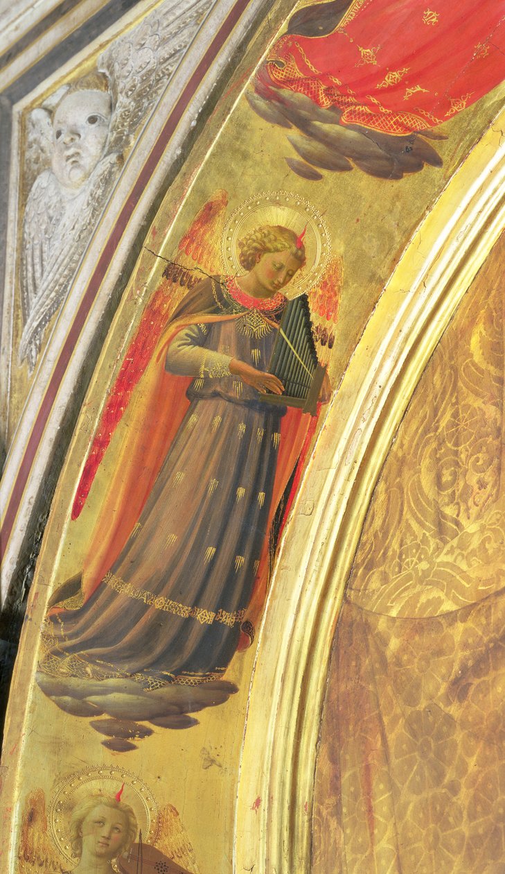 Detalje fra siden af Linaivoli Triptykonen, der viser en engel, der holder et portativt orgel, 1433 (tempera på panel) af Fra Angelico