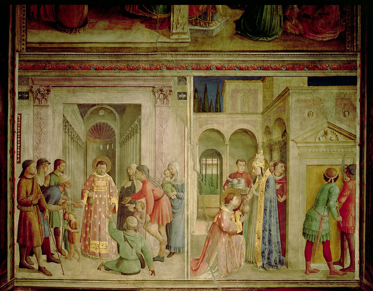 St.Lawrence modtager kirkens skatte og St.Lawrence uddeler almisse af Fra Angelico