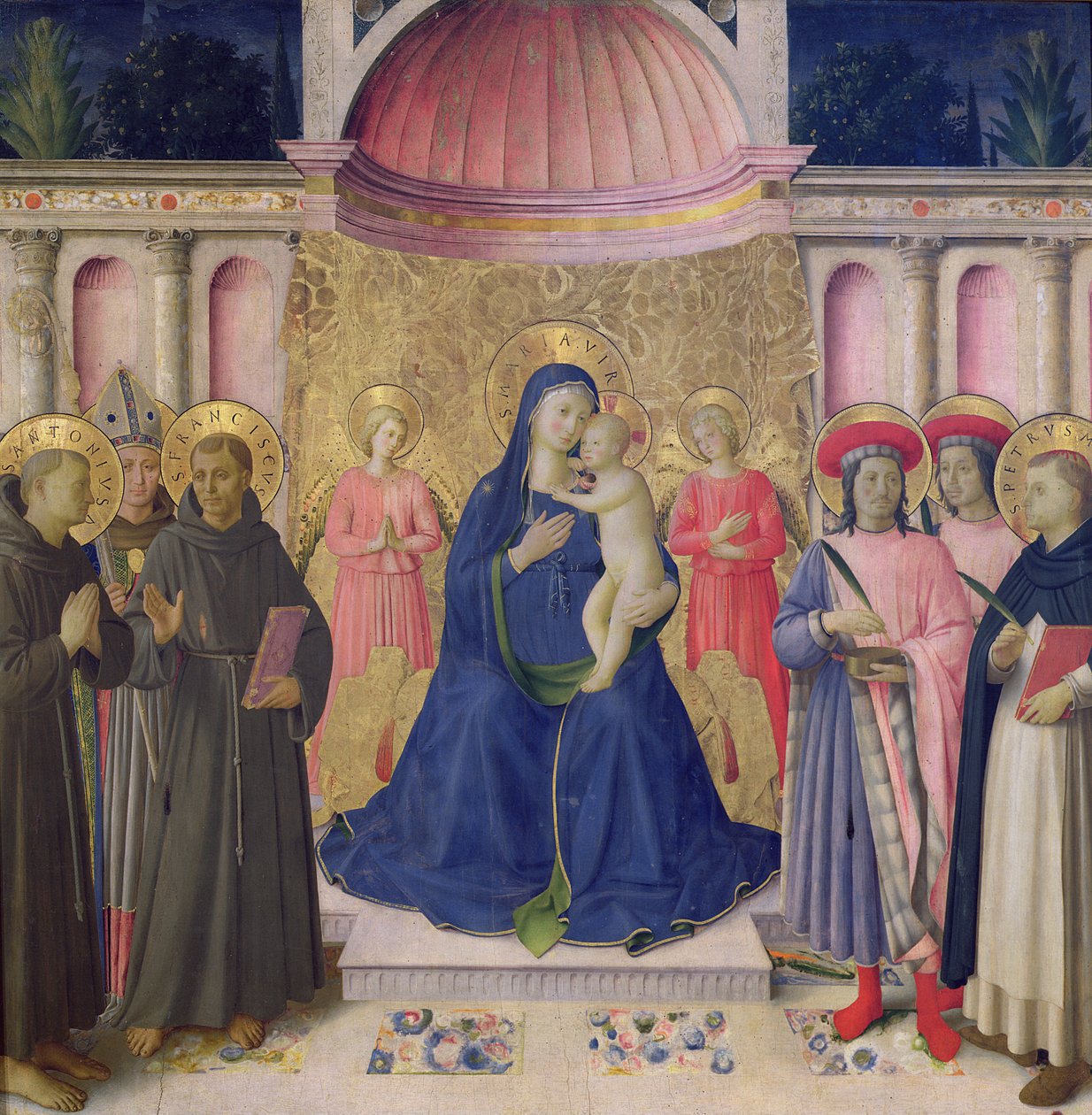 Bosco ai Frati-altertavlen: Jomfruen og barnet på tronen med to engle mellem SS. Anthony af Padua, Ludvig af Toulouse og Frans og SS. Cosmas og Damian og Peter Martyren, 1452 (tempera af Fra Angelico