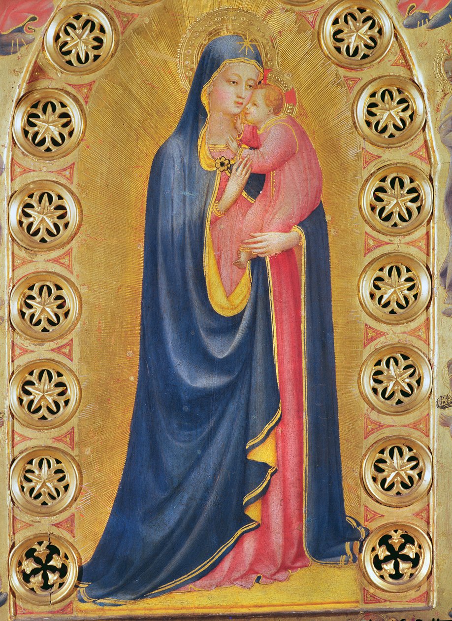 Jomfru og barn også kaldet Jomfru og Stjernen (detalje af Jomfruen) (olie og bladguld på træ) af Fra Angelico