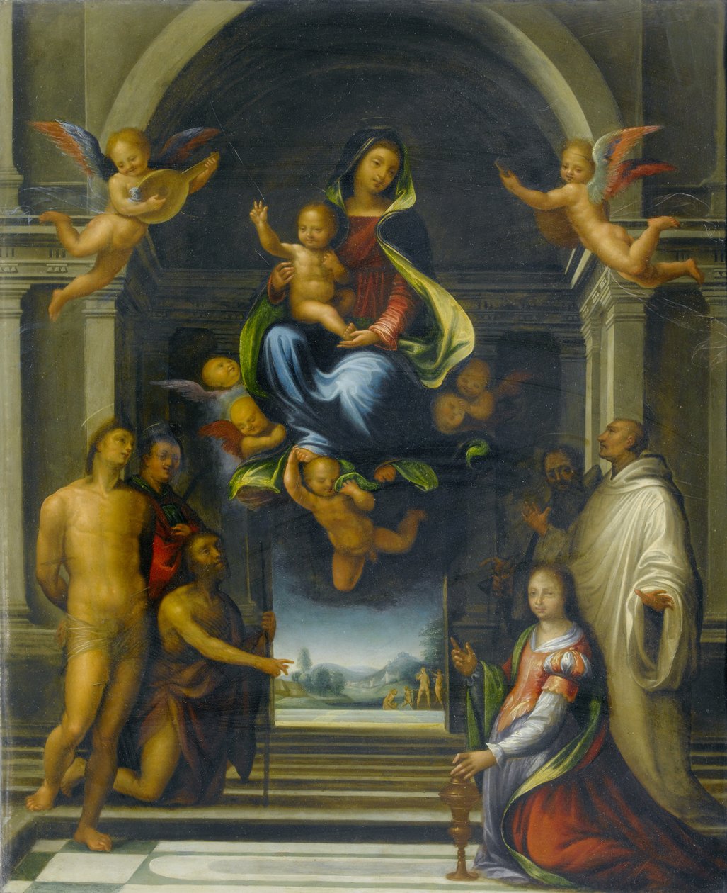 Jomfruen og barnet omgivet af hellige, ca. 1570-1674 olie på kobber af Fra Bartolommeo