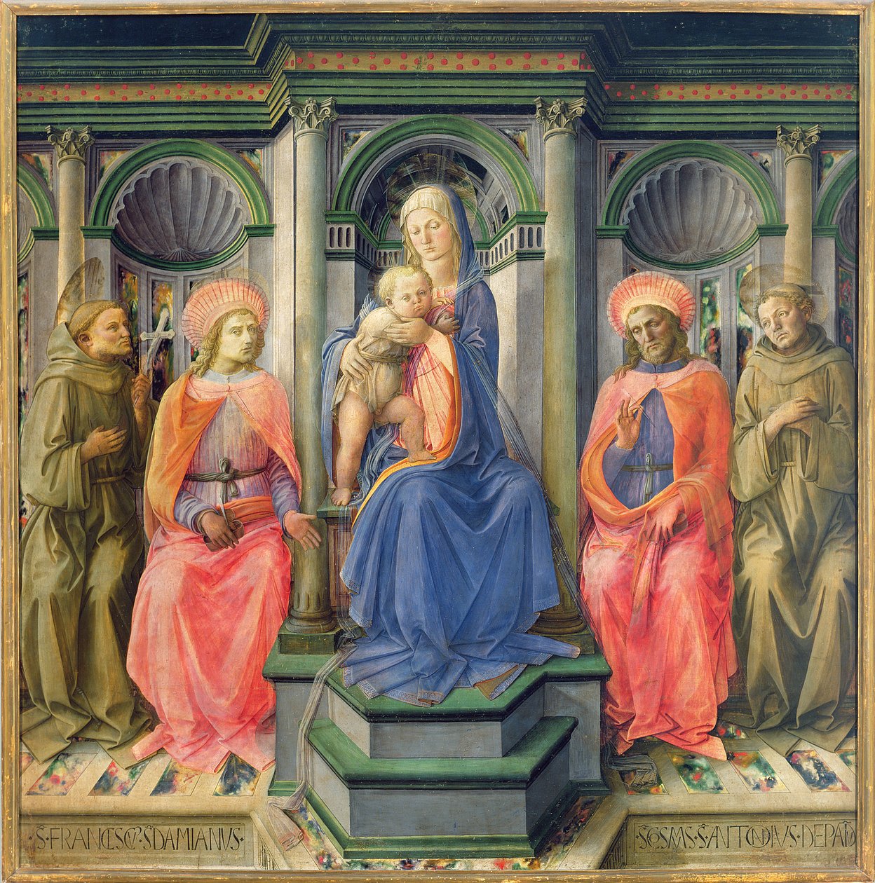 Madonna og barn troner med SS. Francis, Cosmas, Damian og Anthony af Padua, ca. 1442-45 (tempera på panel) (for predella-paneler se 85691-93) af Fra Filippo Lippi