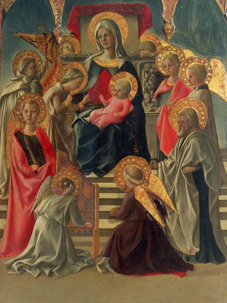 Madonna og barn med engle og helgener på trone (tempera på panel) (se også 197200) af Fra Filippo Lippi