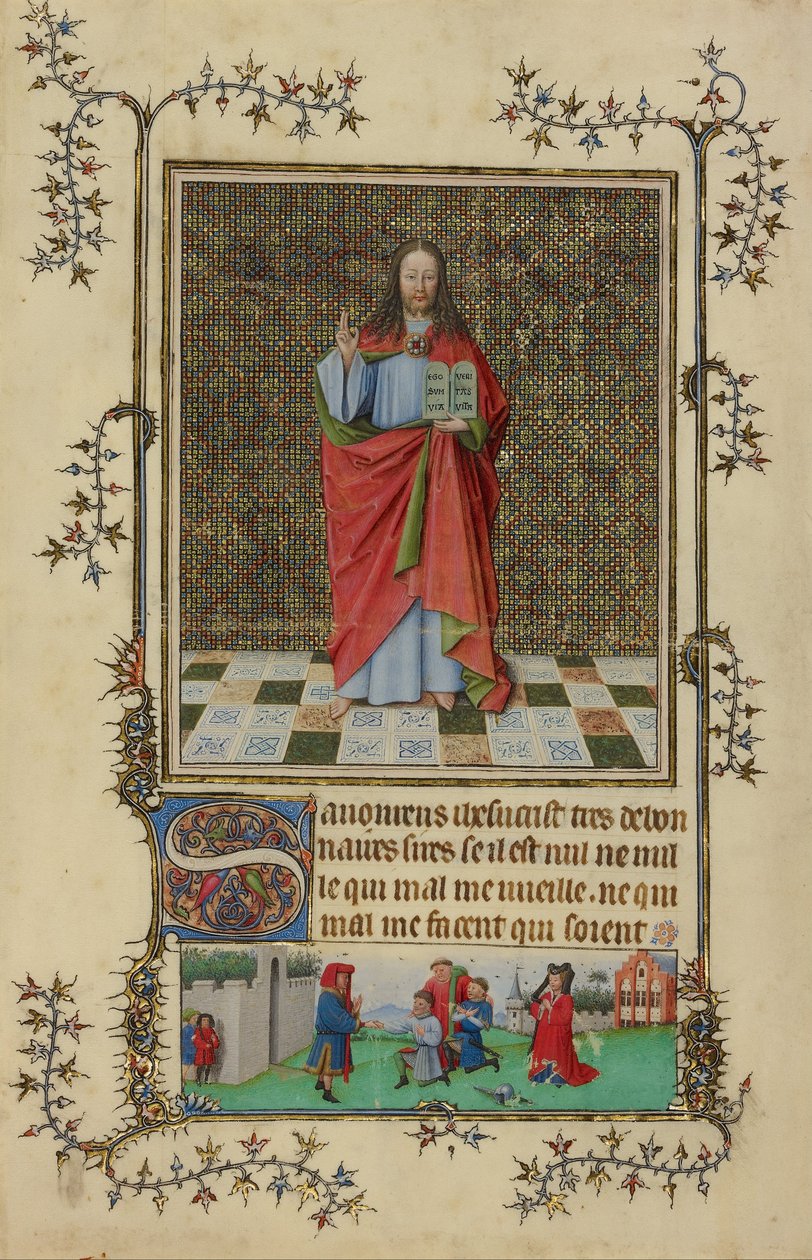 Kristus velsignelse, miniature fra bønbogen i Très Belles Heures fra Notre-Dame, splittet manuskript af Français