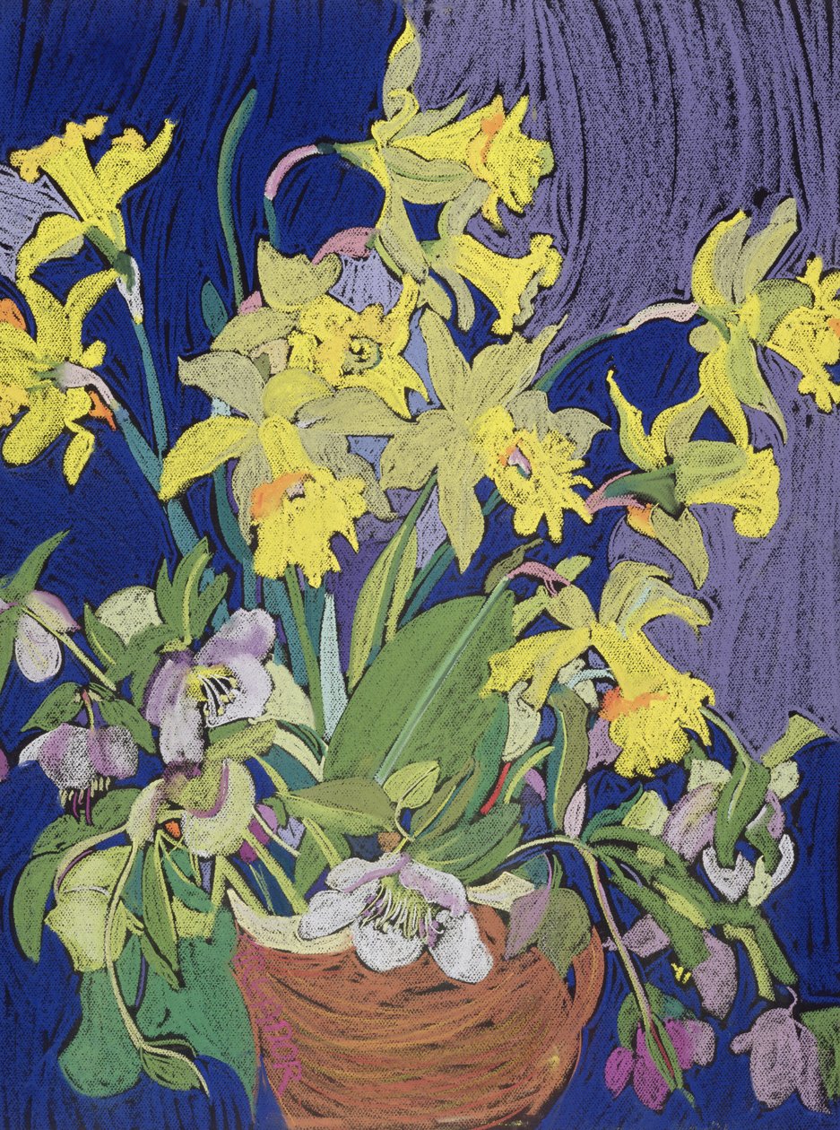 Påskeliljer med kande (pastel på mountboard) af Frances Treanor