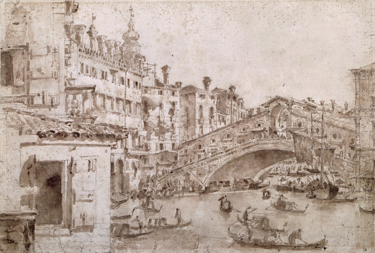 Rialtobroen, Venedig (pen og brunt blæk på papir) af Francesco Guardi