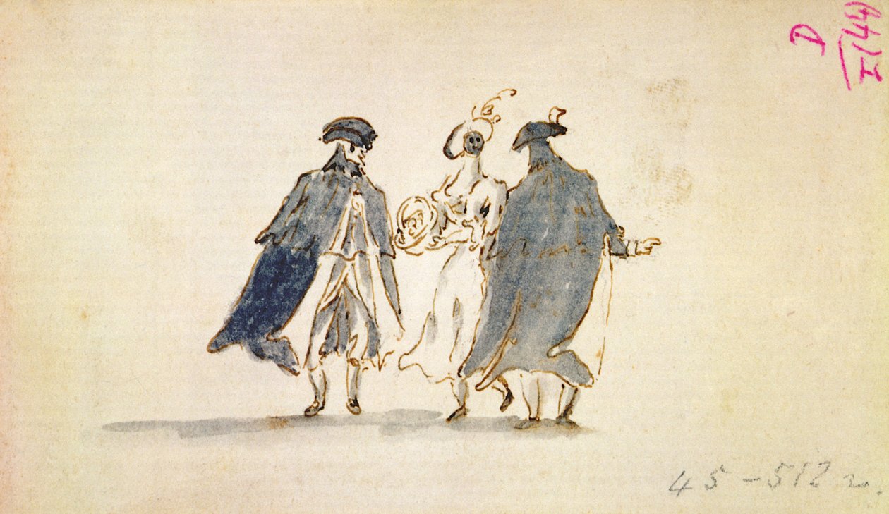 Tre maskerede figurer i karnevalskostume af Francesco Guardi