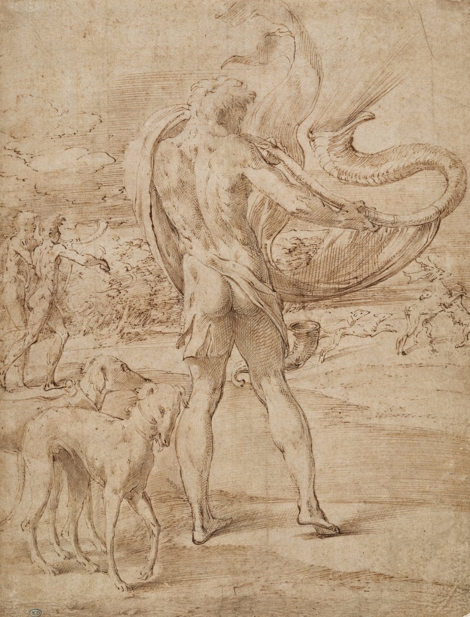 Jægere, der lød hans horn med en staghunt i det fjerne af Parmigianino