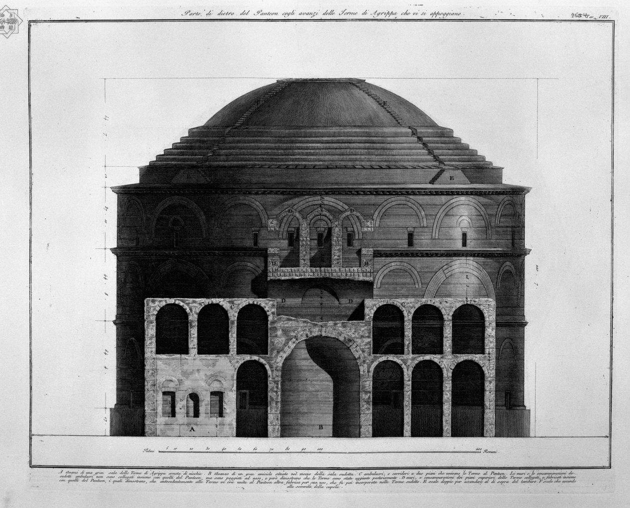 Tilbage en del af Pantheon med resterne af Agrippas bade, som læner sig op ad den af Francesco Piranesi