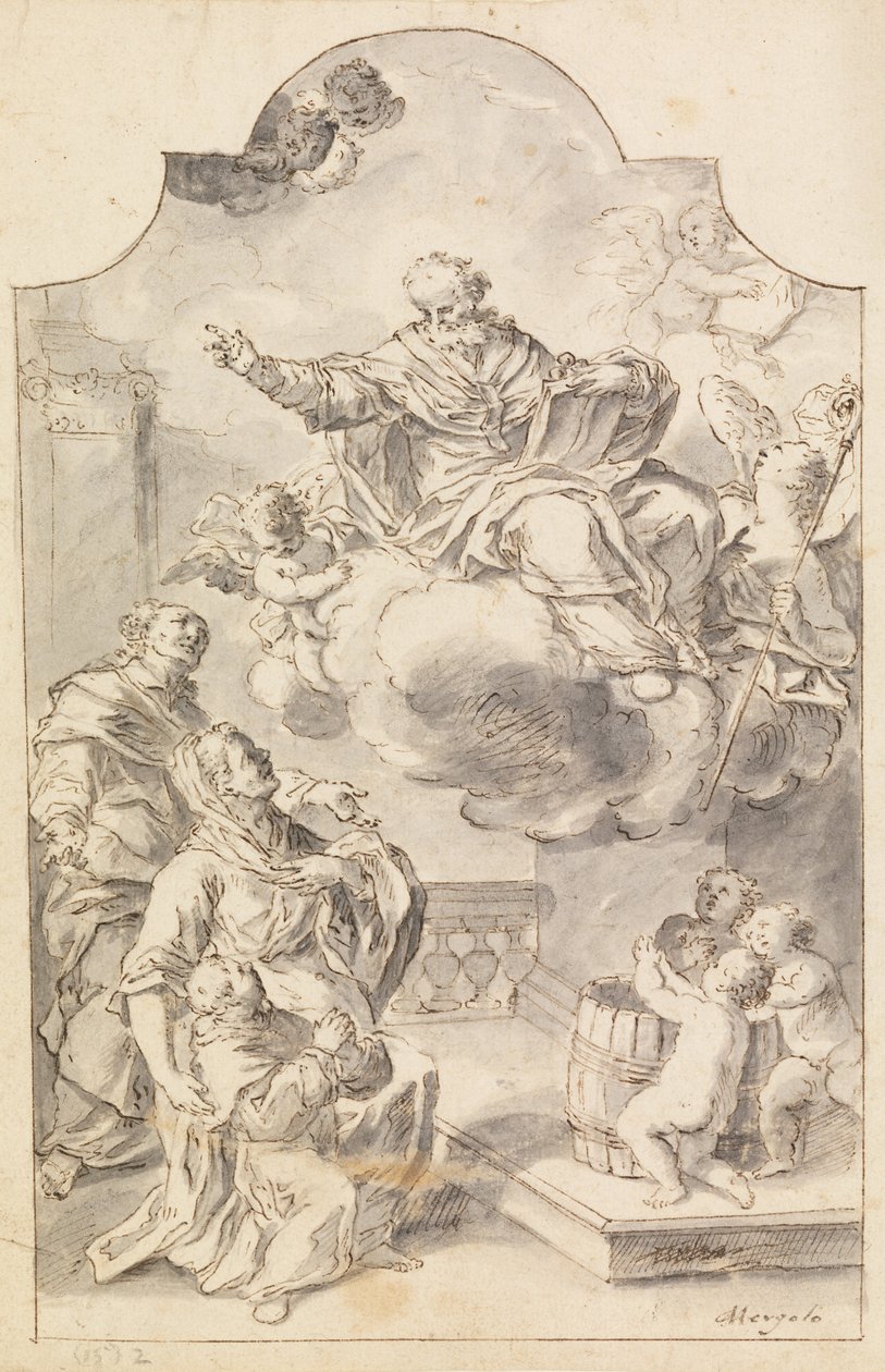 Et stemningsbillede af en dreng præsenteret af hans forældre for St. Nicholas of Bari af Francesco Saverio Mergolo