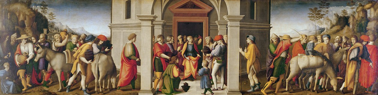 Joseph modtager sine brødre, ca. 1515 (olie på træ) af Francesco Ubertini, Il Bacchiacca
