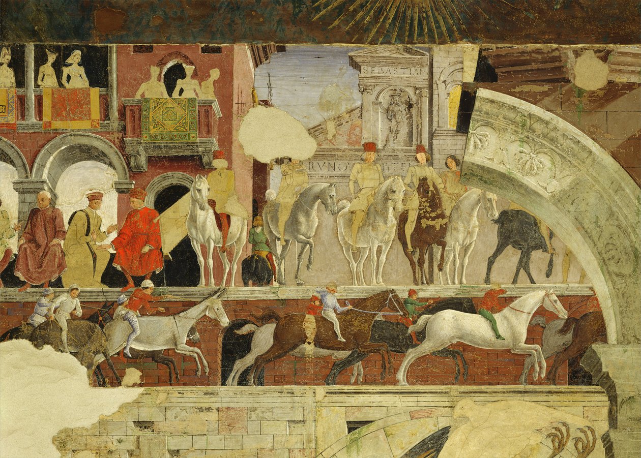 Allegori af april: en forestilling på Borso dEste-pladsen, detalje af heste og æsler, der løber, 1469-70, fresco af Francesco del Cossa