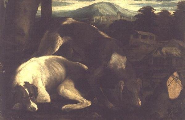 To jagthunde, ca. 1555 af Francesco Bassano