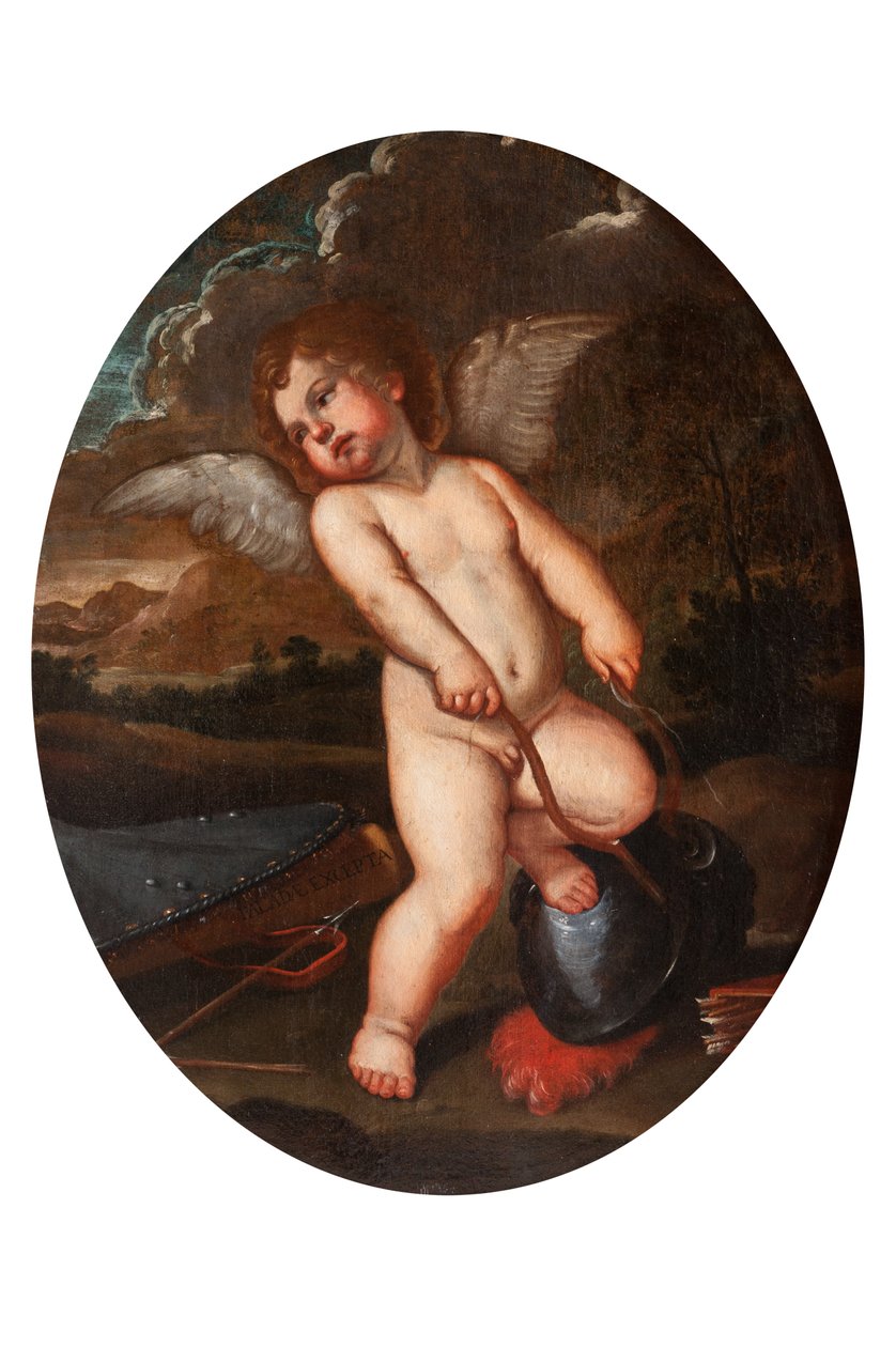 Bevinget putto knækker Minervas instrumenter af Francesco Albani