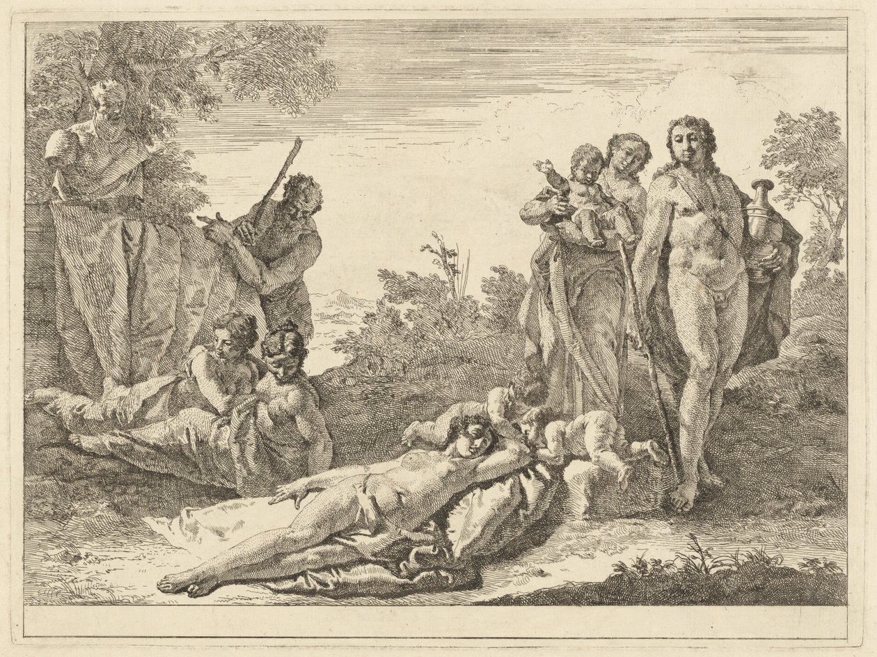 Ni figurer omkring en herm af pan af Francesco Fontebasso