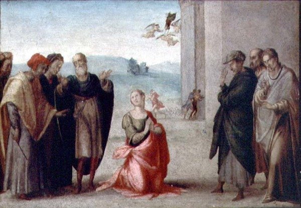 Martyrdøden for en kvindelig helgen (panel) af Francesco Granacci