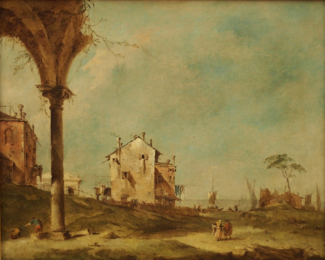 Capriccio, fantasilandskab med bygninger på lagunen af Francesco Guardi