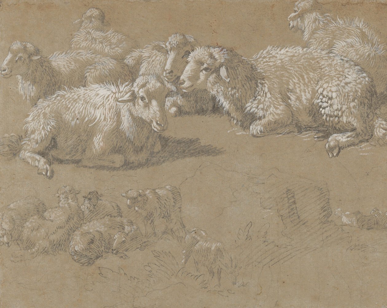Liggende får i et landskab, 1759-82. af Francesco Londonio