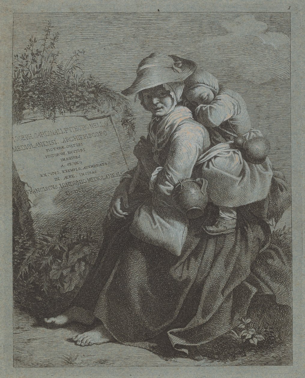Siddende bondekvinde med sovende barn, 17581759. af Francesco Londonio