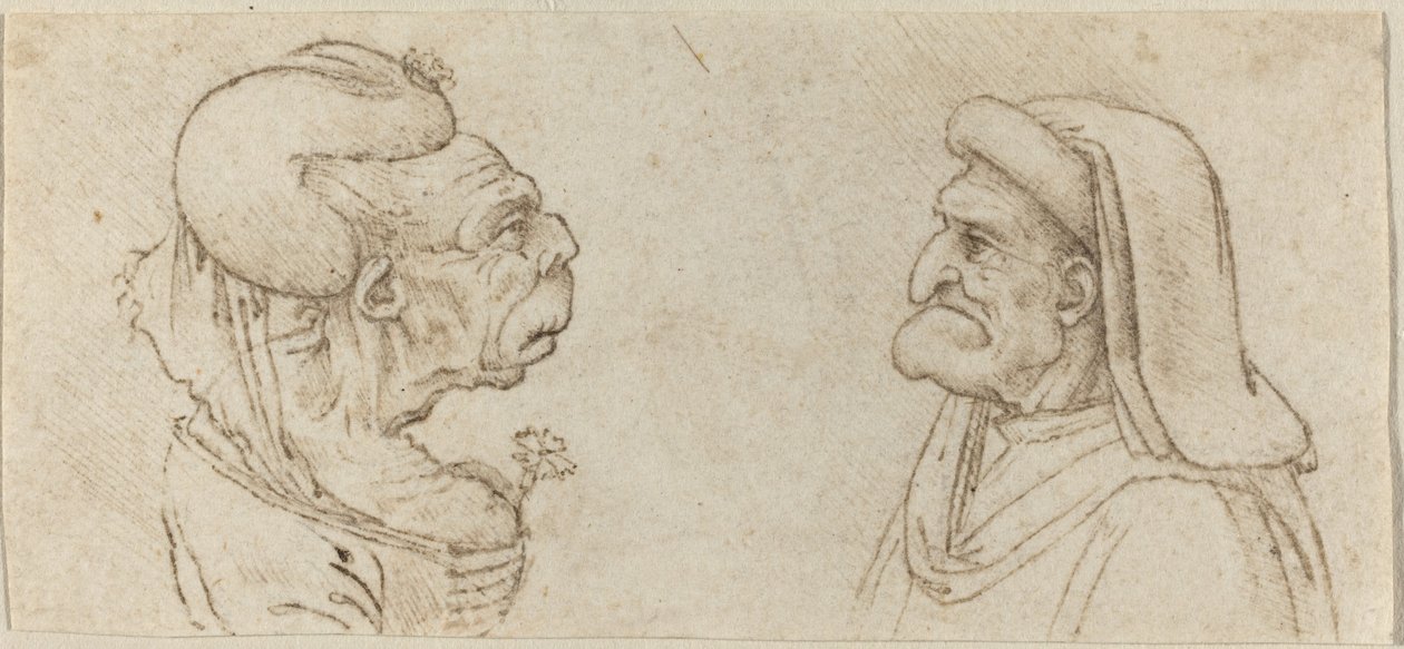 To groteske hoveder af Francesco Melzi after Leonardo da Vinci