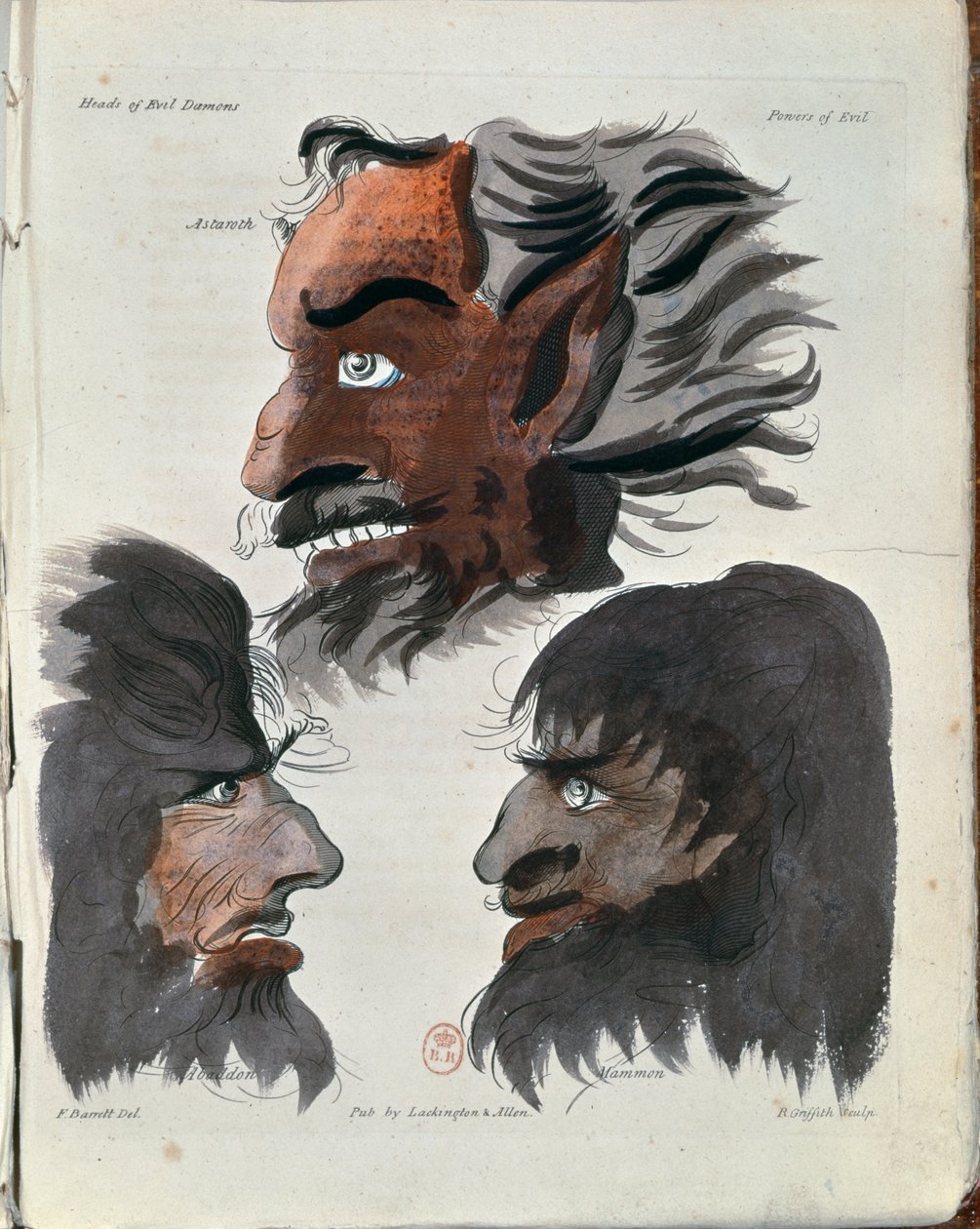 Astaroth, Abaddon og Mammon, tre dæmoner fra "The Magus" af kunstneren, graveret af R. Griffith, udgivet i 1801 af Francis Barrett