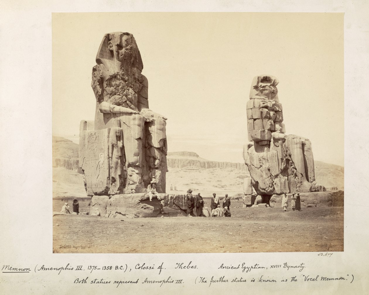 Memnon-kolosserne, statuer af Amenhotep III, XVIII-dynastiet, ca. 1375-1358 f.Kr., Theben, 1862 (sepia-billede) af Francis Bedford