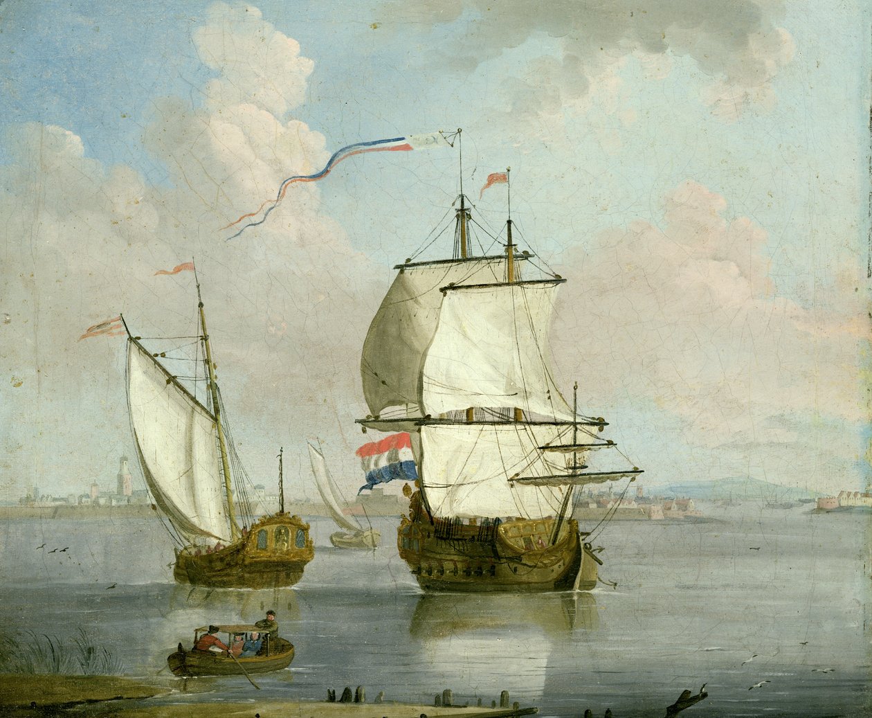 En hollandsk østindisk mand og en kongelig yacht i en flodmunding med en by hinsides af Francis Swaine