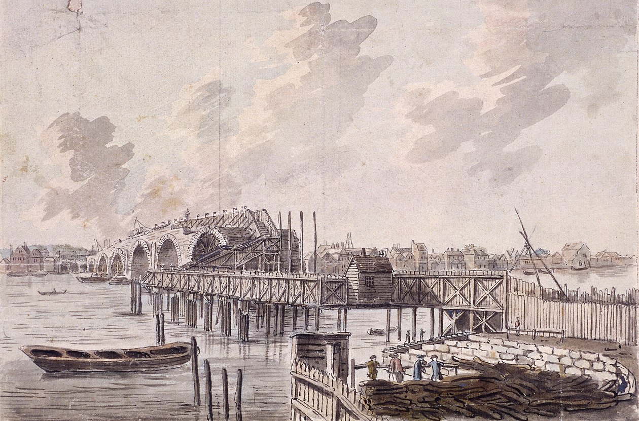 Konstruktion af Blackfriars Bridge, London, c1762. af Francis Grose