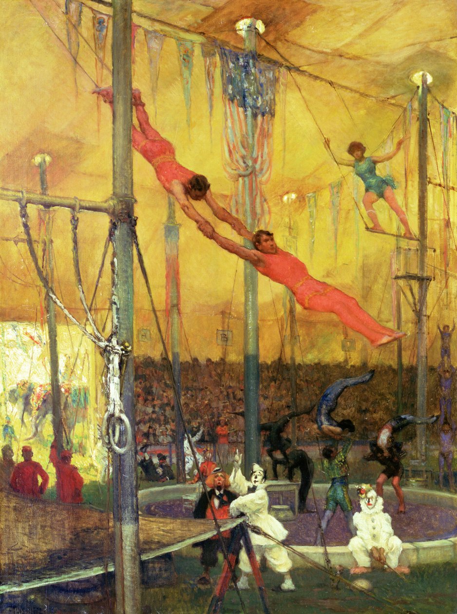 Trapeze Artists (olie på lærred) af Francis Luis Mora